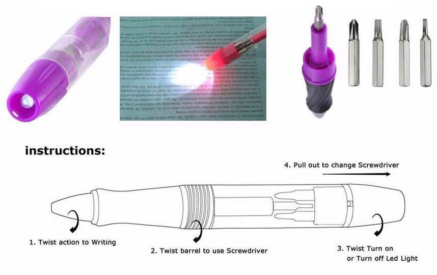 Tool Ballpoint Pen, Led Light & 5 Screwdrivers