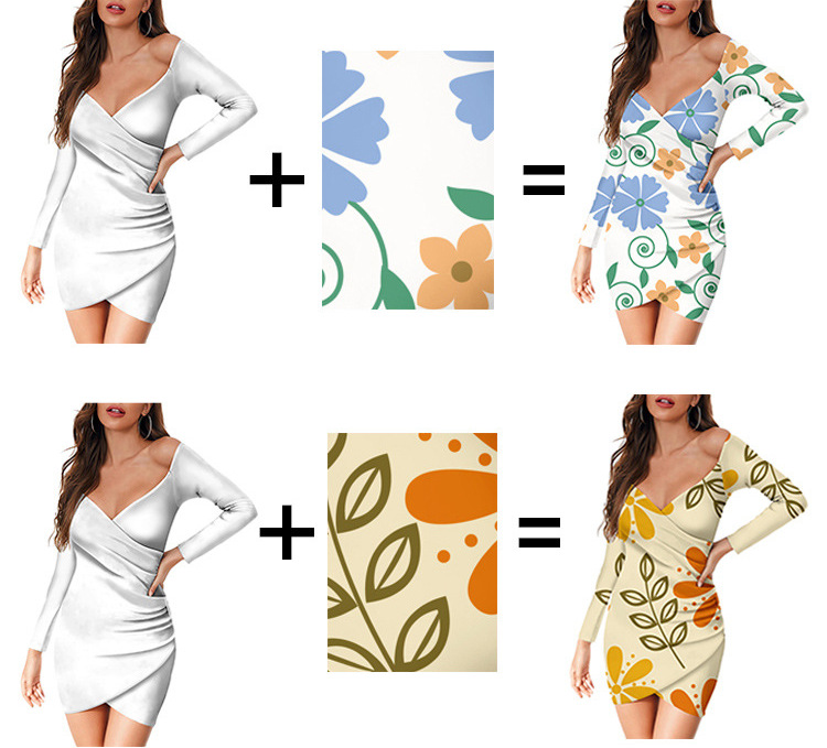 custom women's casual mini dress bodycon wrap v-neck long sleeve off shoulder all-over printing no minimum