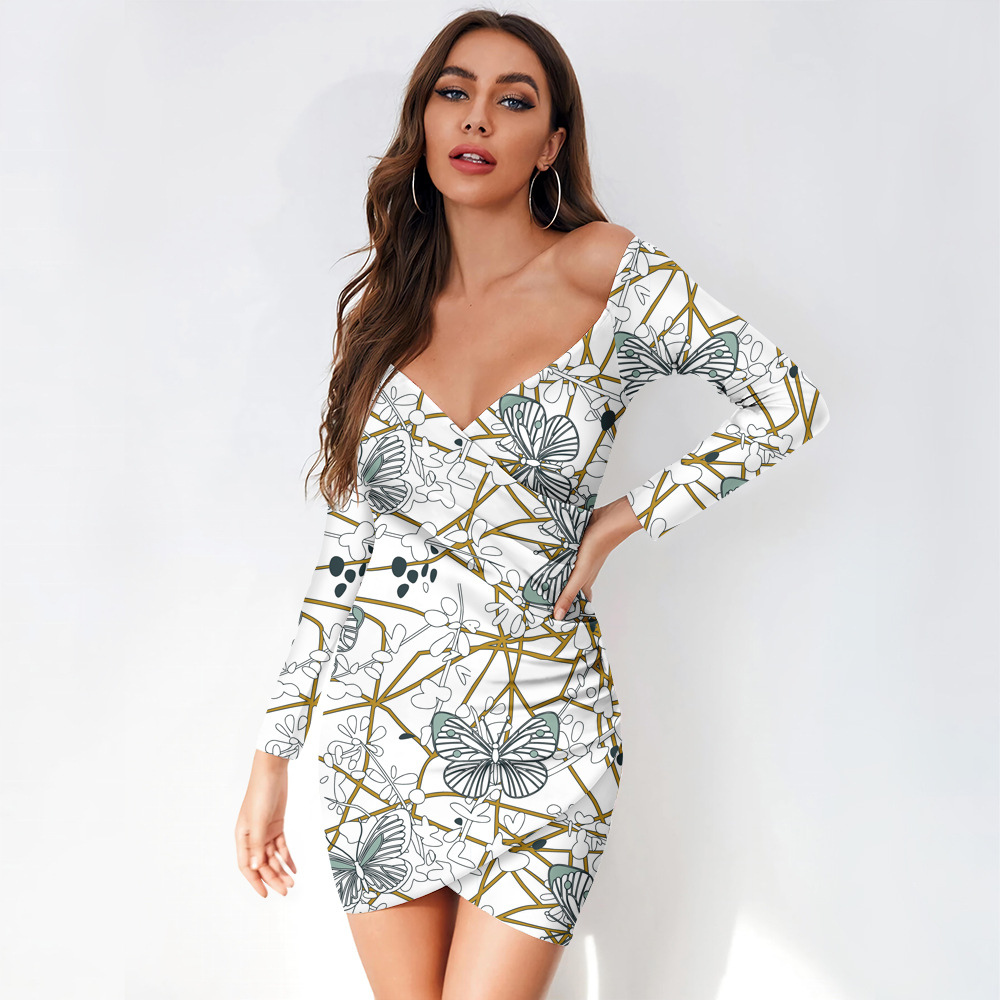 custom women's casual mini dress bodycon wrap v-neck long sleeve off shoulder all-over printing no minimum
