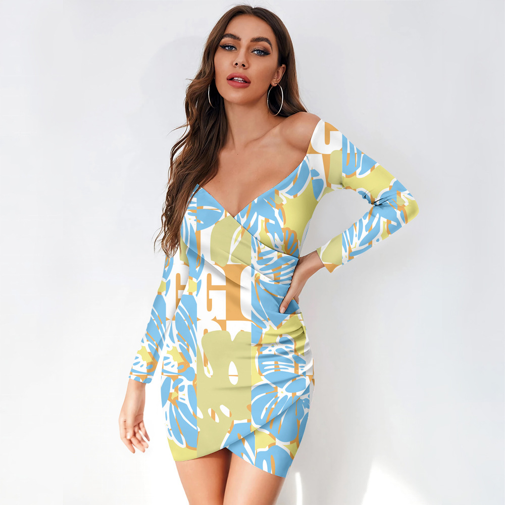 custom women's casual mini dress bodycon wrap v-neck long sleeve off shoulder all-over printing no minimum