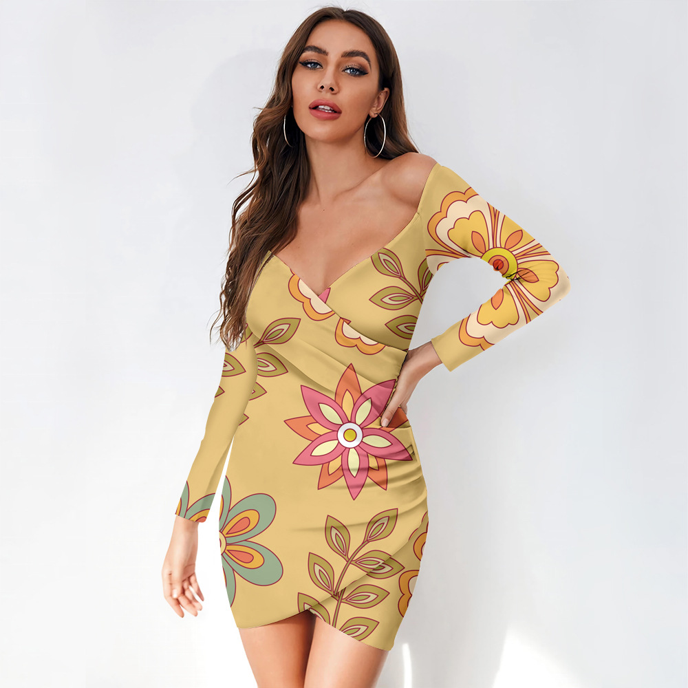 custom women's casual mini dress bodycon wrap v-neck long sleeve off shoulder all-over printing no minimum