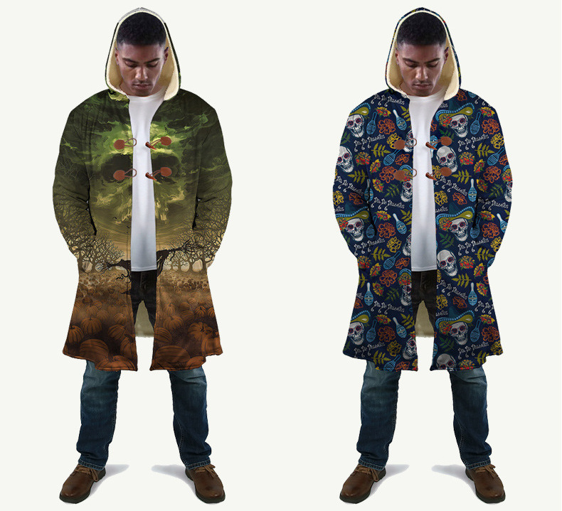 custom long coat all-over printing no minimum winter fleece lined hooded jacket men's volvet