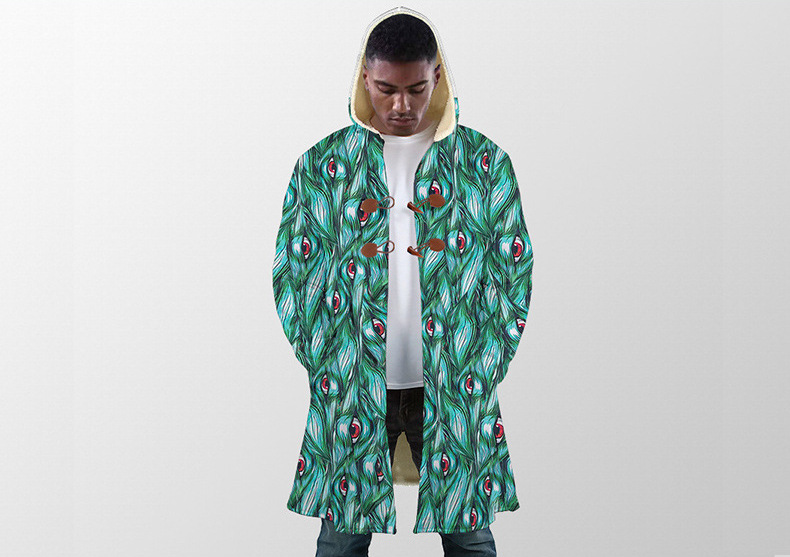 custom long coat all-over printing no minimum winter fleece lined hooded jacket men's volvet