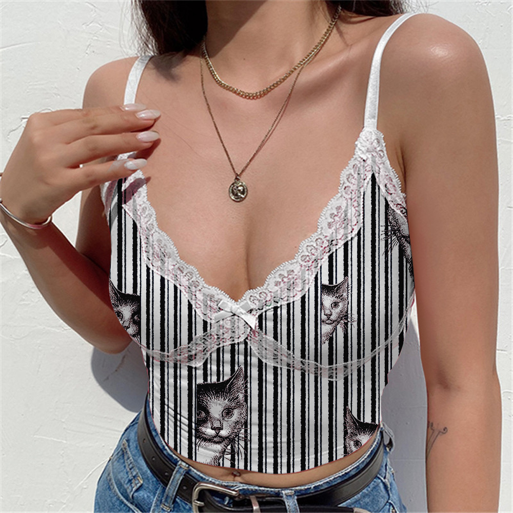 custom lace crop top sleeveless v-neck sling all-over printing no minimum design your own personalised women cheap