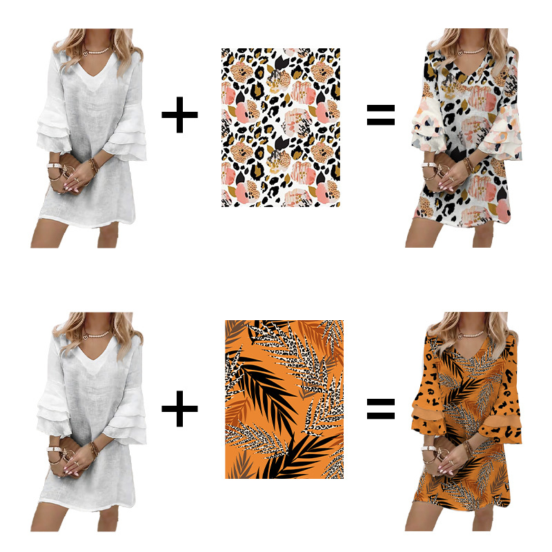 custom women's summer dress all-over printing no minimum mini casual sundress bell sleeve v-neck