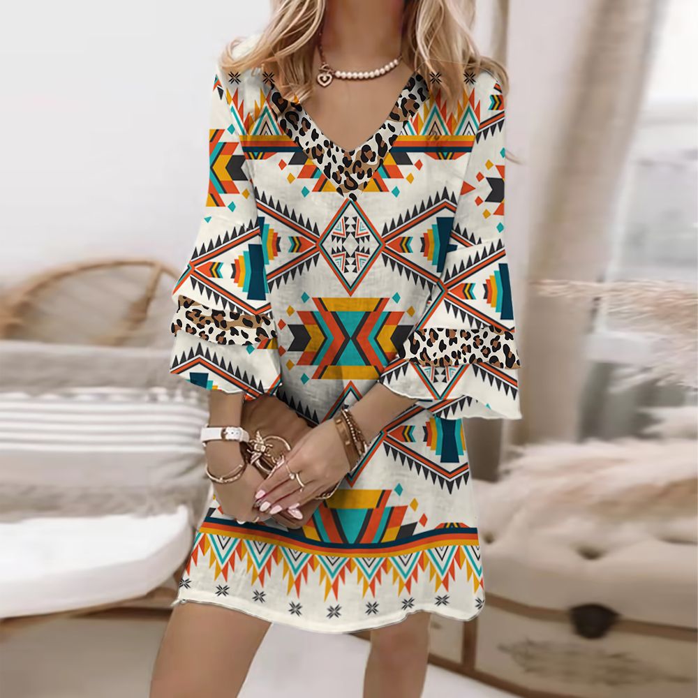 custom women's summer dress all-over printing no minimum mini casual sundress bell sleeve v-neck