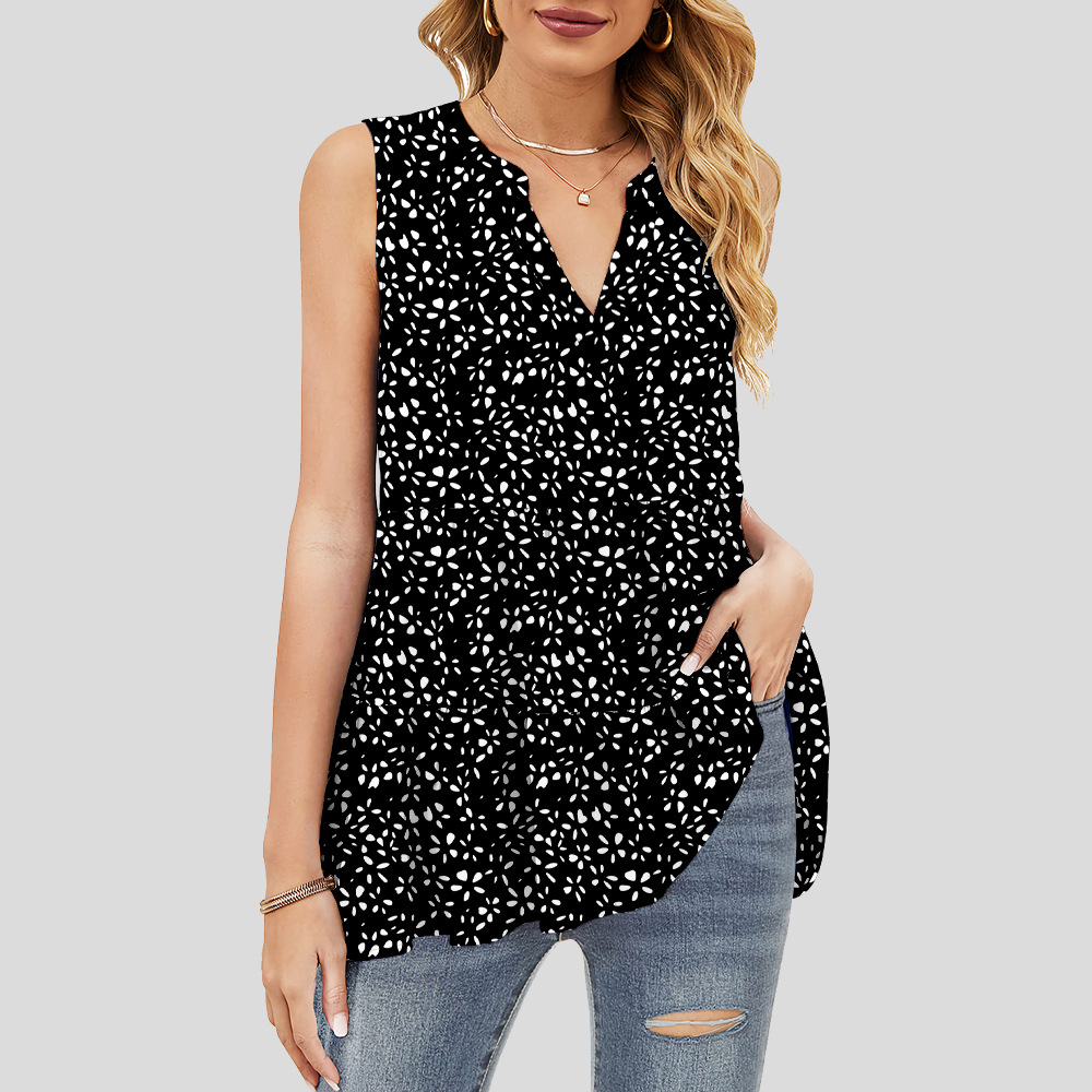 custom women's summer top all-over printing no minimum v-neck sleeveless ruffle tiered layered lady shirt blouse