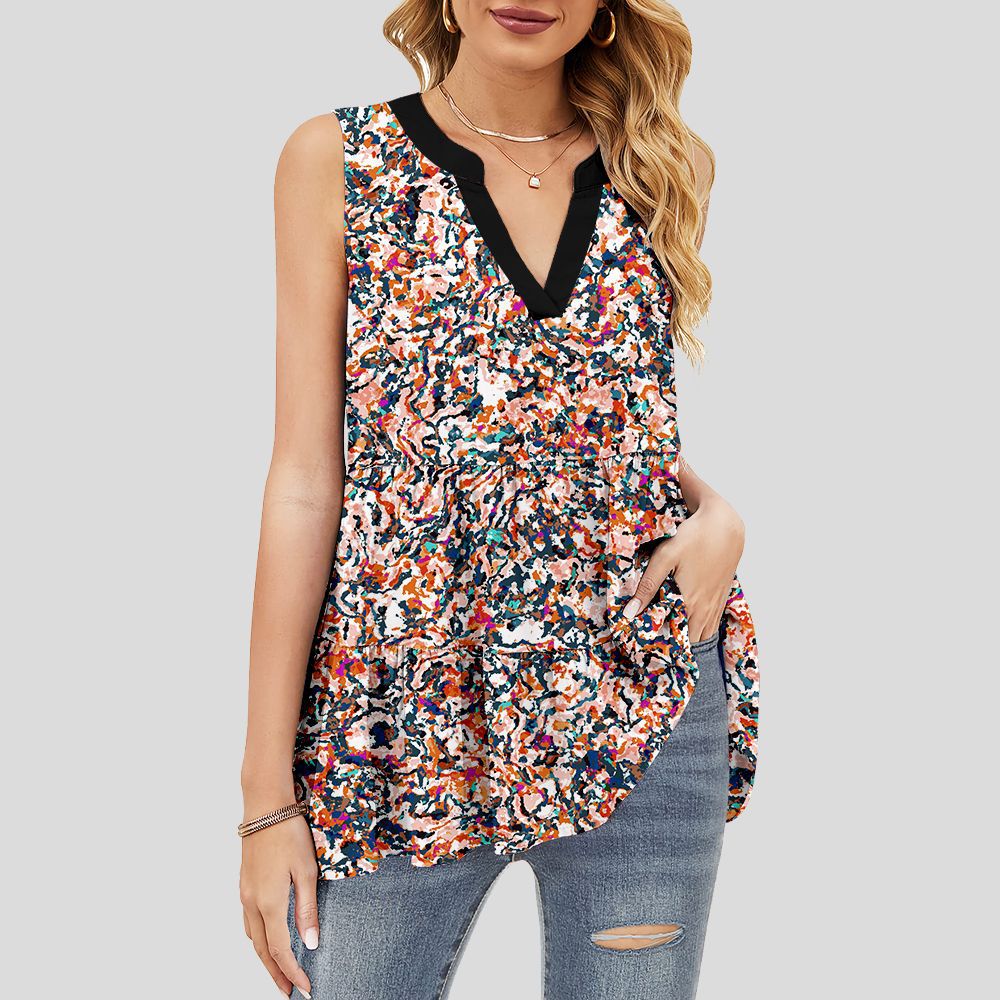 custom women's summer top all-over printing no minimum v-neck sleeveless ruffle tiered layered lady shirt blouse
