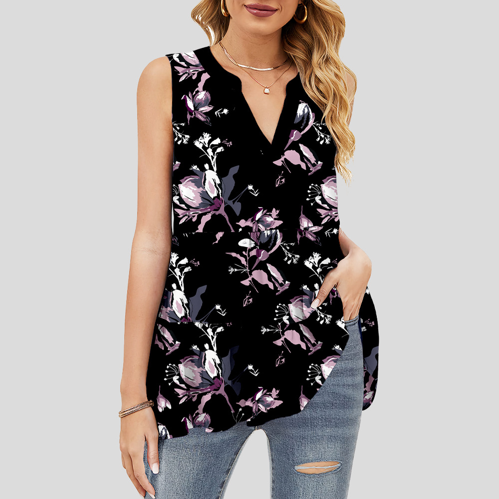 custom women's summer top all-over printing no minimum v-neck sleeveless ruffle tiered layered lady shirt blouse