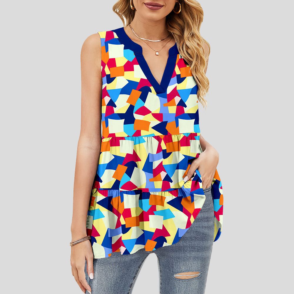 custom women's summer top all-over printing no minimum v-neck sleeveless ruffle tiered layered lady shirt blouse