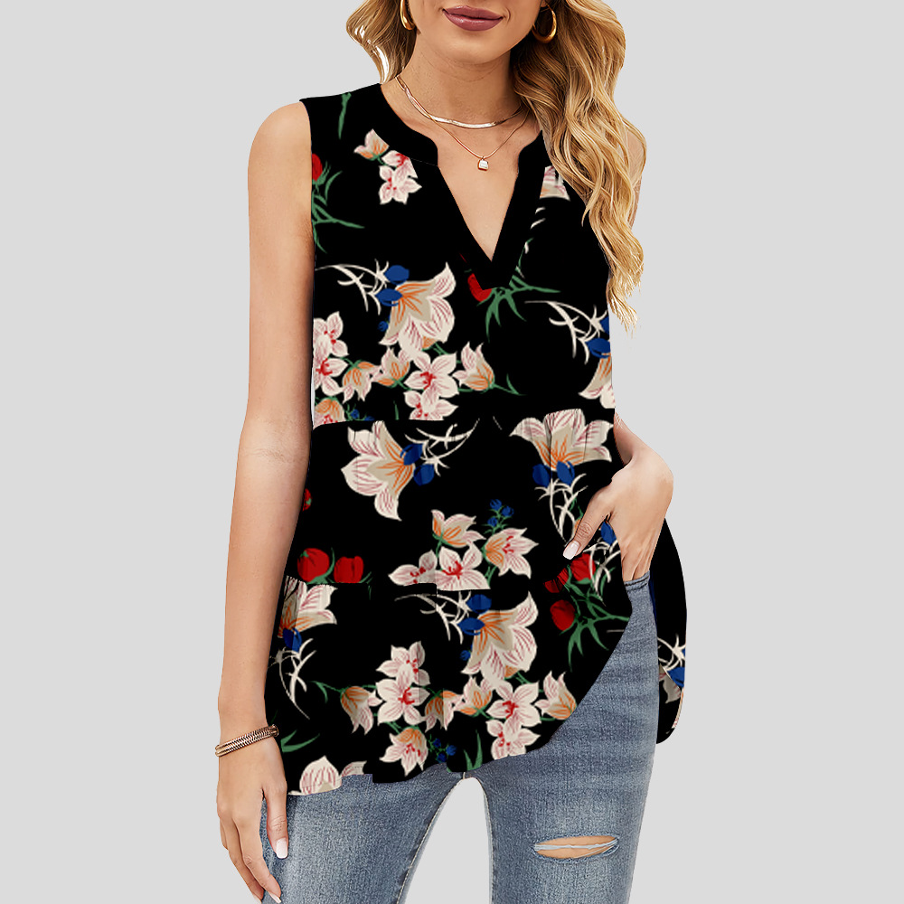 custom women's summer top all-over printing no minimum v-neck sleeveless ruffle tiered layered lady shirt blouse