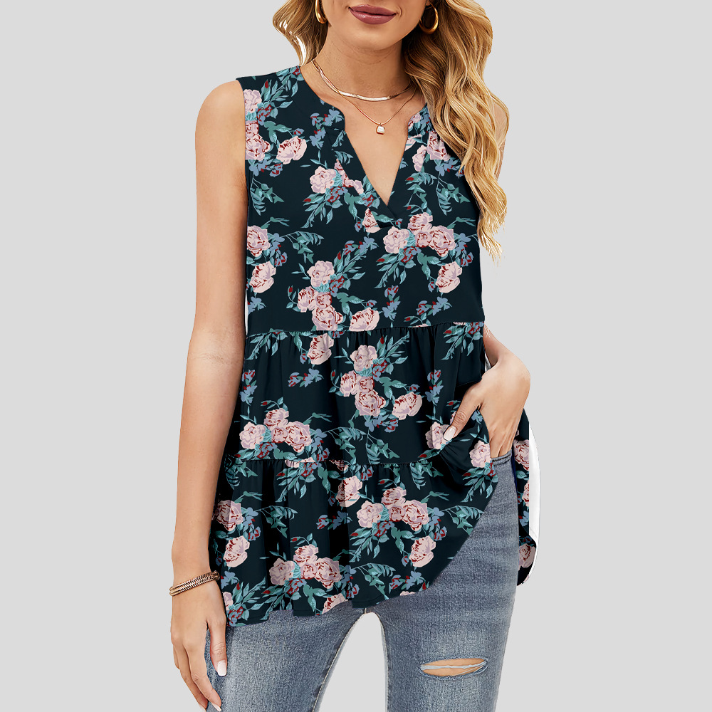 custom women's summer top all-over printing no minimum v-neck sleeveless ruffle tiered layered lady shirt blouse
