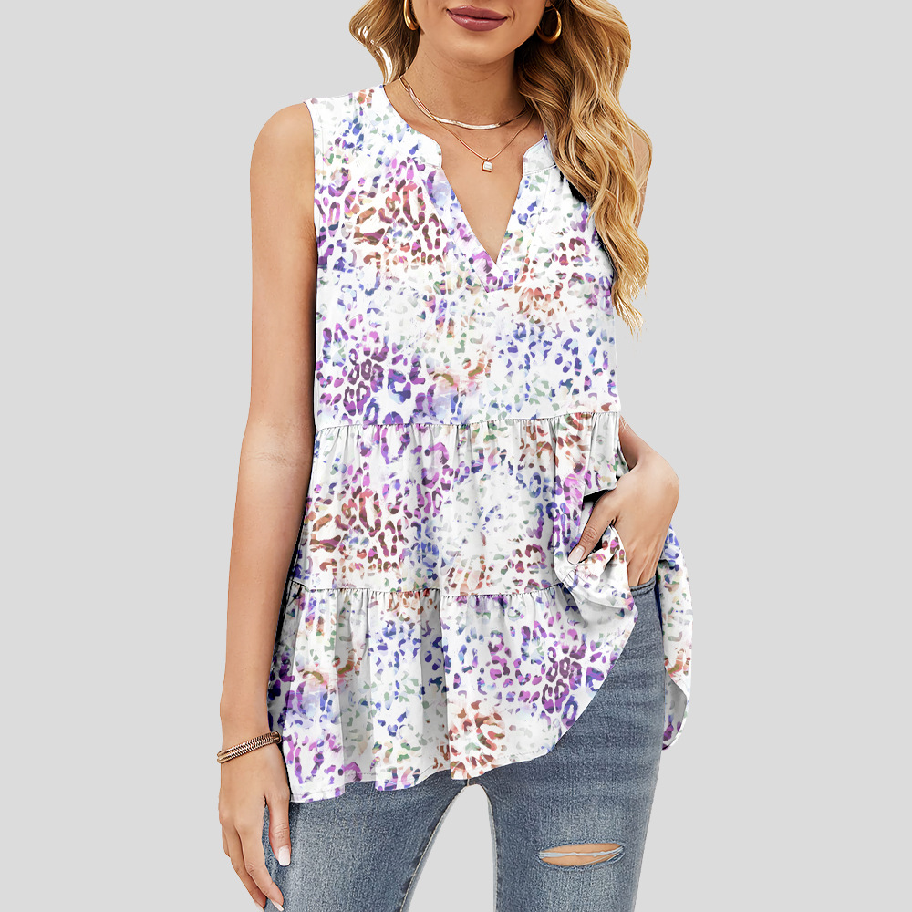 custom women's summer top all-over printing no minimum v-neck sleeveless ruffle tiered layered lady shirt blouse