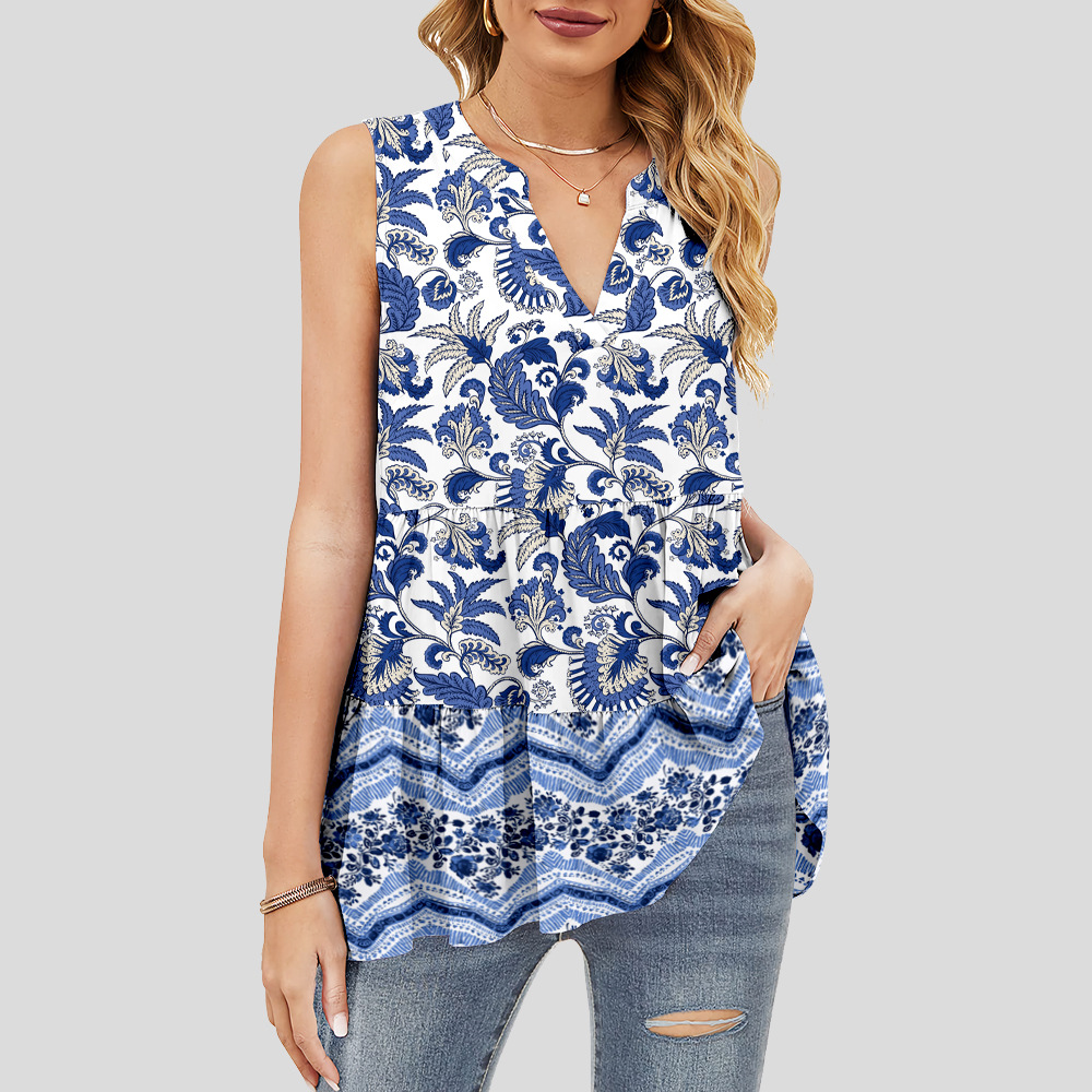 custom women's summer top all-over printing no minimum v-neck sleeveless ruffle tiered layered lady shirt blouse