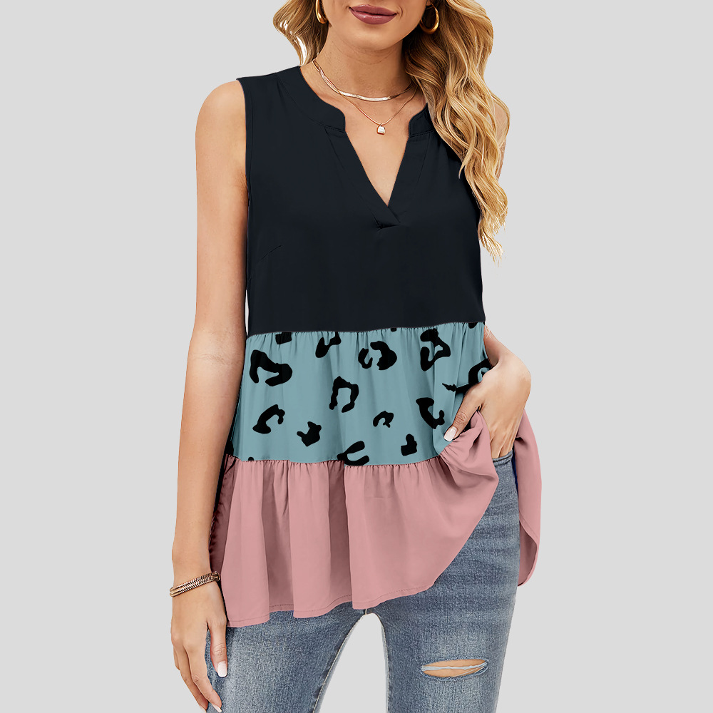 custom women's summer top all-over printing no minimum v-neck sleeveless ruffle tiered layered lady shirt blouse