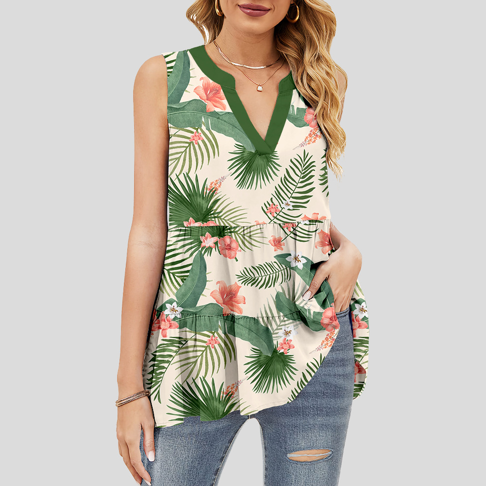 custom women's summer top all-over printing no minimum v-neck sleeveless ruffle tiered layered lady shirt blouse