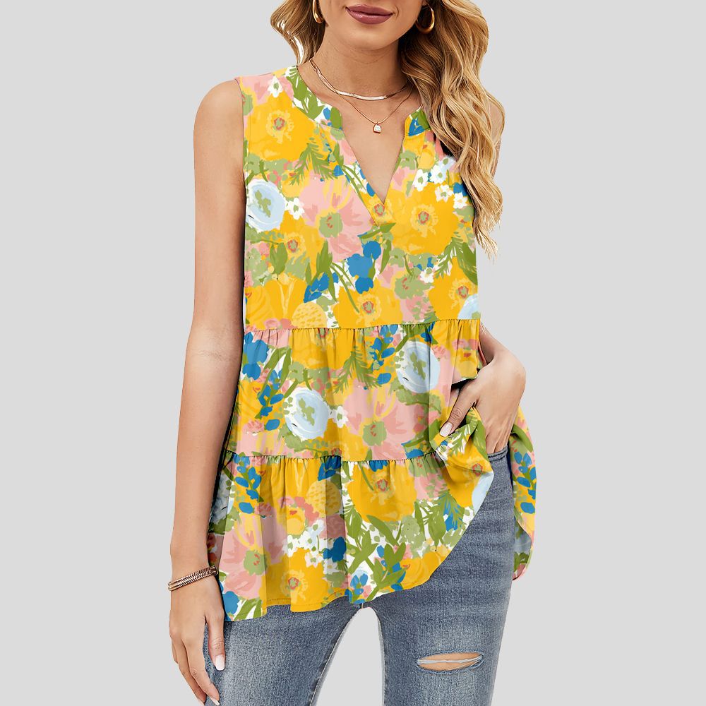 custom women's summer top all-over printing no minimum v-neck sleeveless ruffle tiered layered lady shirt blouse
