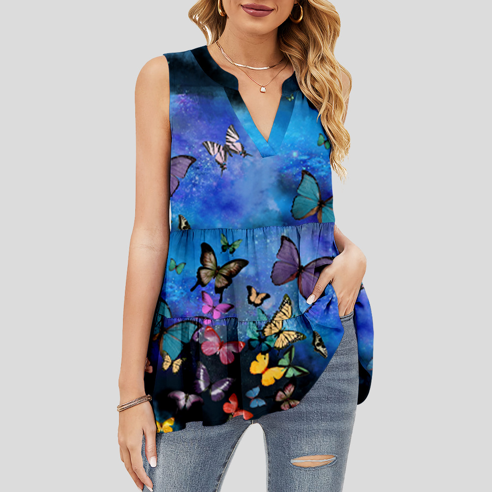 custom women's summer top all-over printing no minimum v-neck sleeveless ruffle tiered layered lady shirt blouse