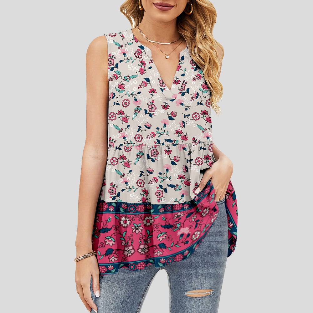 custom women's summer top all-over printing no minimum v-neck sleeveless ruffle tiered layered lady shirt blouse