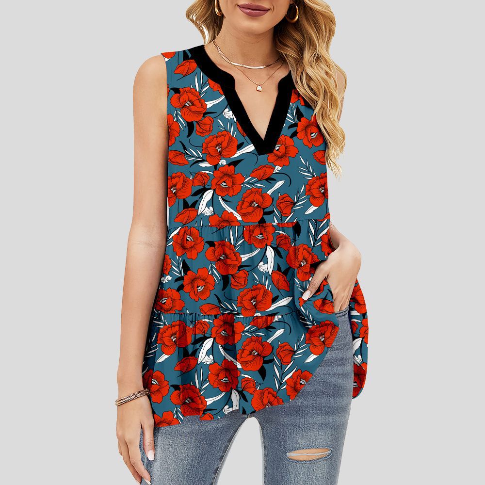 custom women's summer top all-over printing no minimum v-neck sleeveless ruffle tiered layered lady shirt blouse