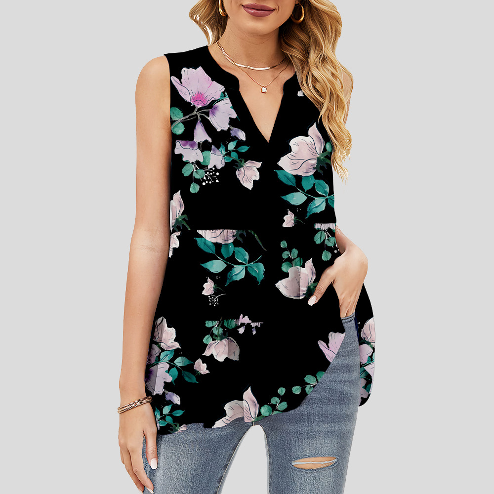 custom women's summer top all-over printing no minimum v-neck sleeveless ruffle tiered layered lady shirt blouse