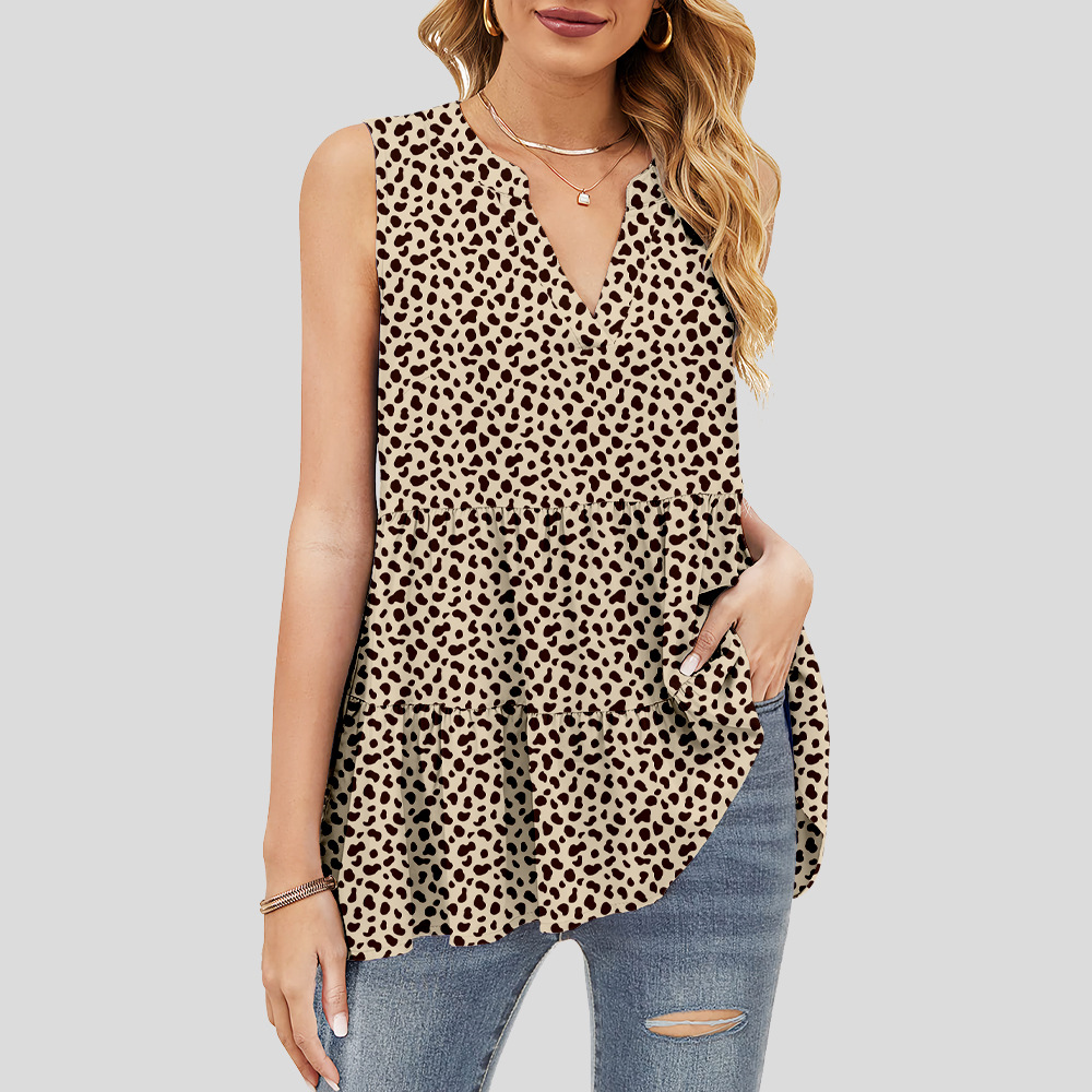 custom women's summer top all-over printing no minimum v-neck sleeveless ruffle tiered layered lady shirt blouse