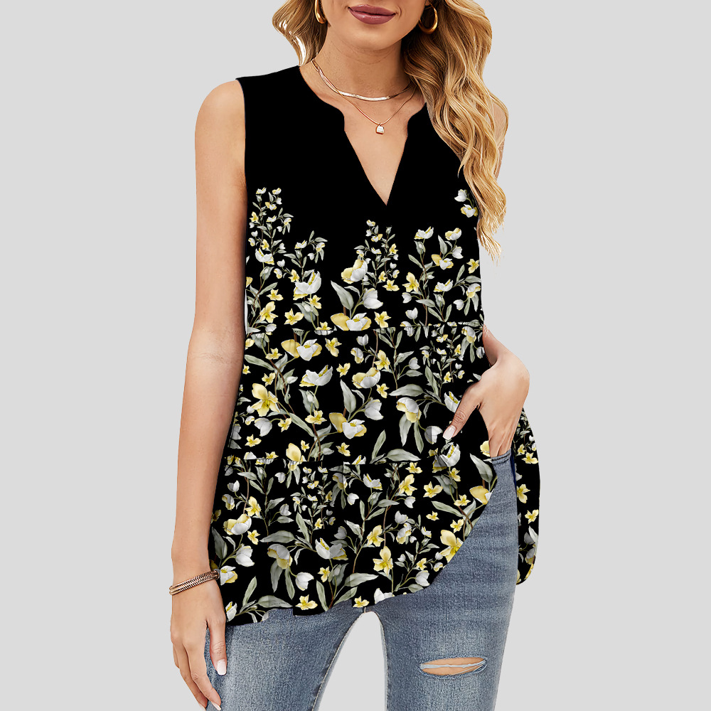 custom women's summer top all-over printing no minimum v-neck sleeveless ruffle tiered layered lady shirt blouse