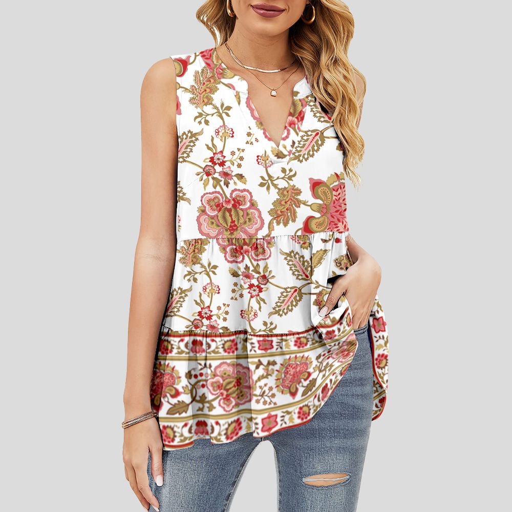custom women's summer top all-over printing no minimum v-neck sleeveless ruffle tiered layered lady shirt blouse