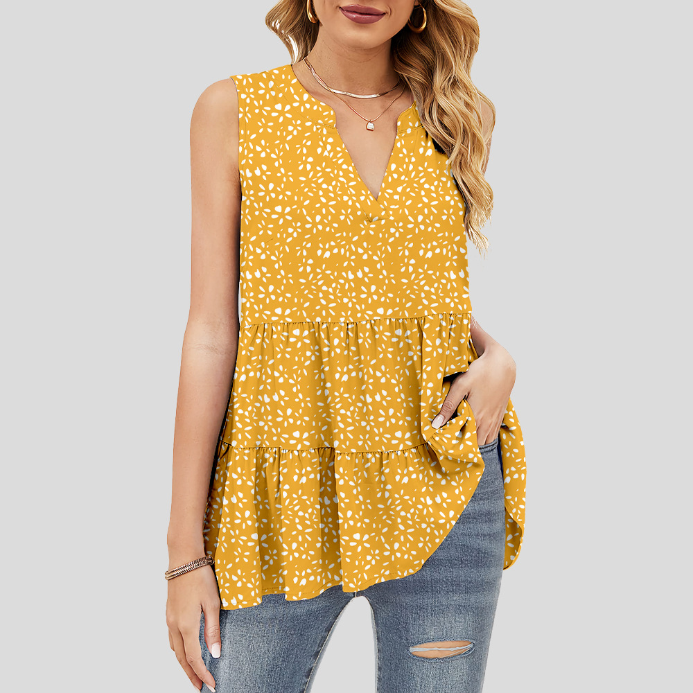 custom women's summer top all-over printing no minimum v-neck sleeveless ruffle tiered layered lady shirt blouse