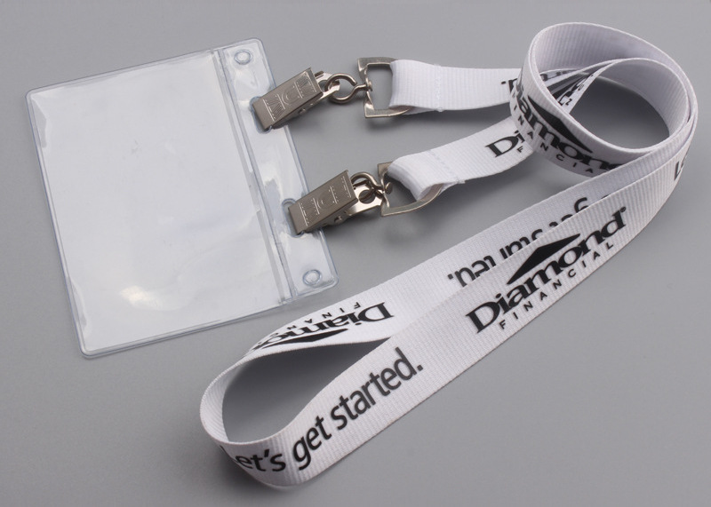 custom double ended lanyard, two bulldog clips, id badge holder