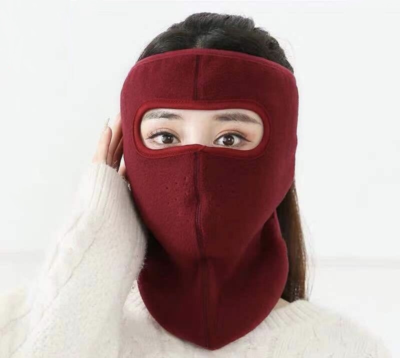 wine red winter fleece full face mask neck warmer velcro closure