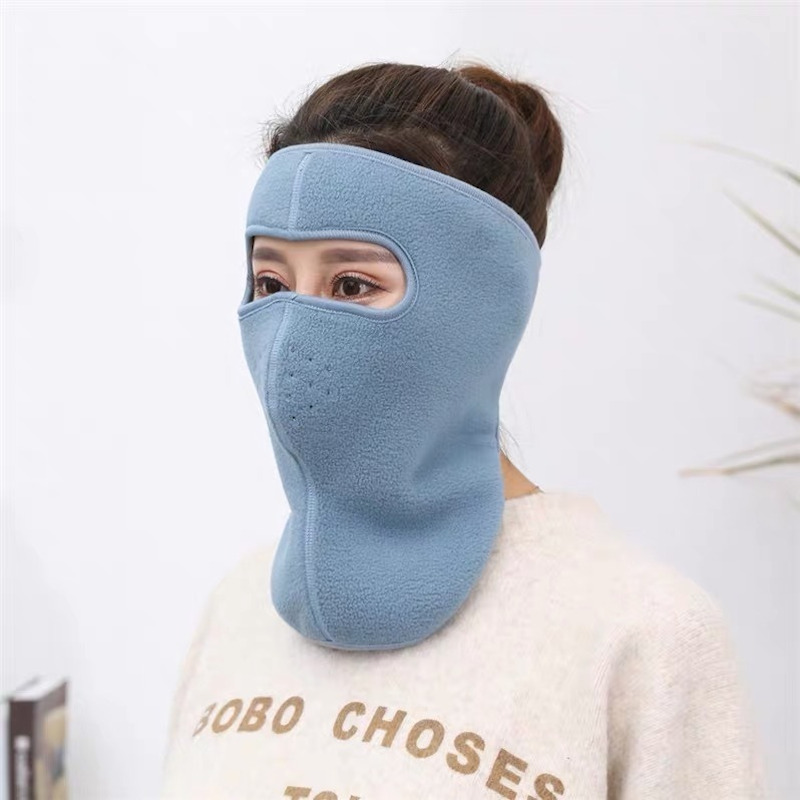 light blue winter fleece full face mask neck warmer velcro closure