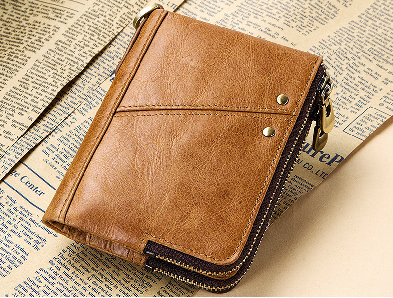 genuine cowhide leather wallet, rfid blocking, double zip coin pocket, card holder, wholesale