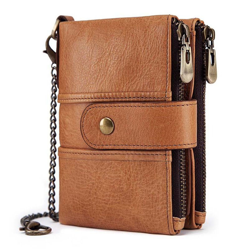 light brown genuine cowhide leather wallet fro men, rfid blocking, double zip coin pocket, card holder, wholesale