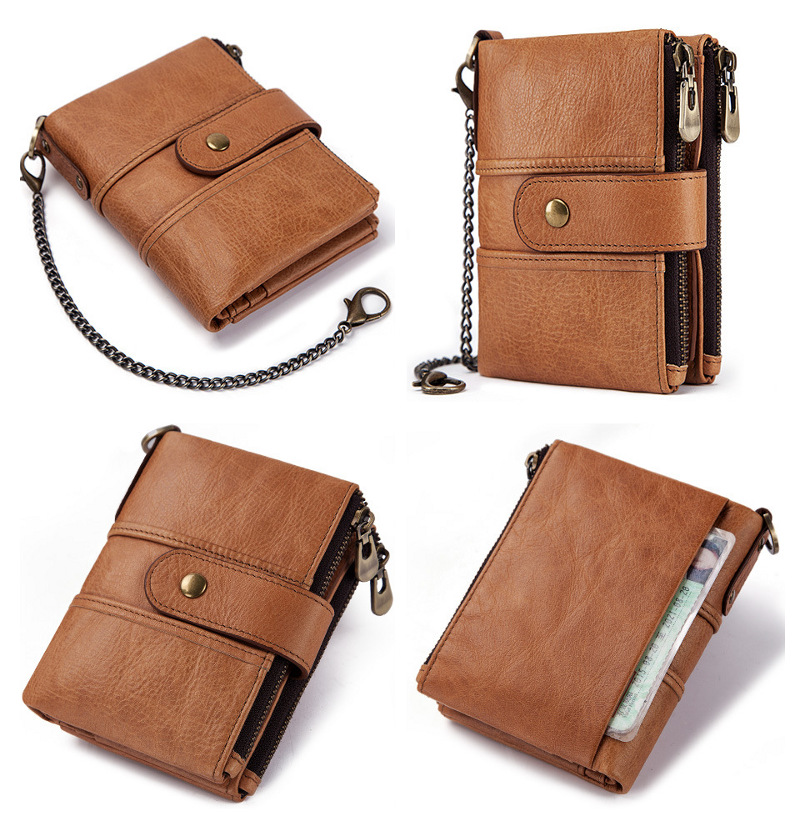 light brown genuine cowhide leather wallet fro men, rfid blocking, double zip coin pocket, card holder, wholesale