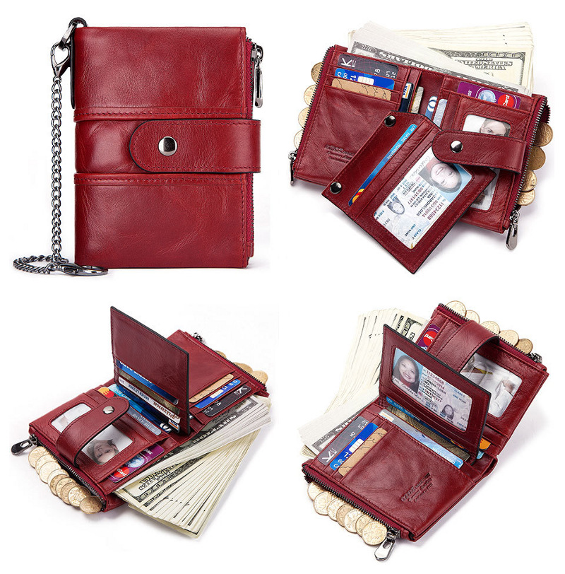 red genuine cowhide leather wallet, rfid blocking, double zip coin pocket, card holder, wholesale