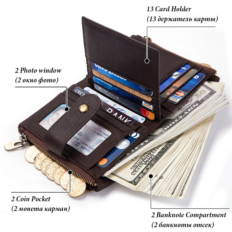 genuine top layer cow leather wallet, rfid blocking, zip pocket, id window, card holder, banknote pocket, wholesale