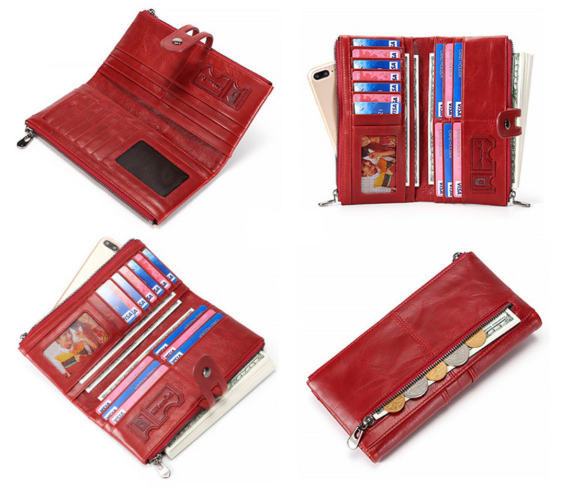 red genuine first-layer cowhide leather wallet for women, rfid blocking, zip pocket, id window, card holder, banknote pocket, wholesale