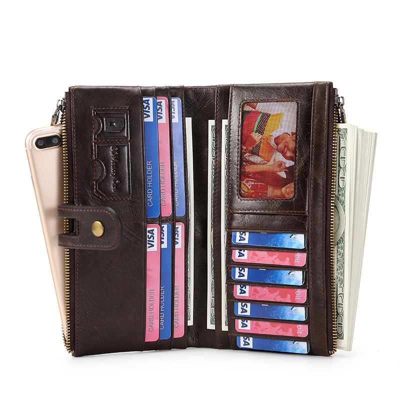 dark brown genuine first-layer cowhide leather wallet for women, rfid blocking, zip pocket, id window, card holder, banknote pocket, wholesale