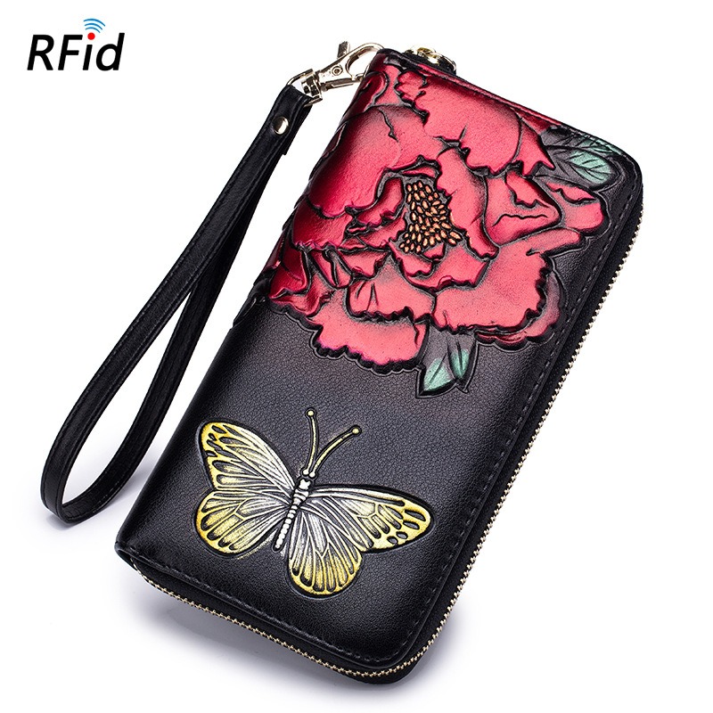 rose & butterfly embossing genuine leather clutch wallet, rfid blocking, lady, women, wholesale