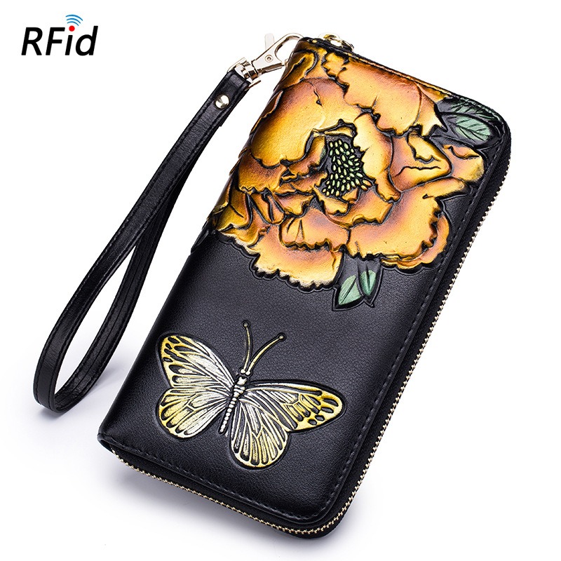 rose & butterfly embossing genuine leather clutch wallet, rfid blocking, lady, women, wholesale