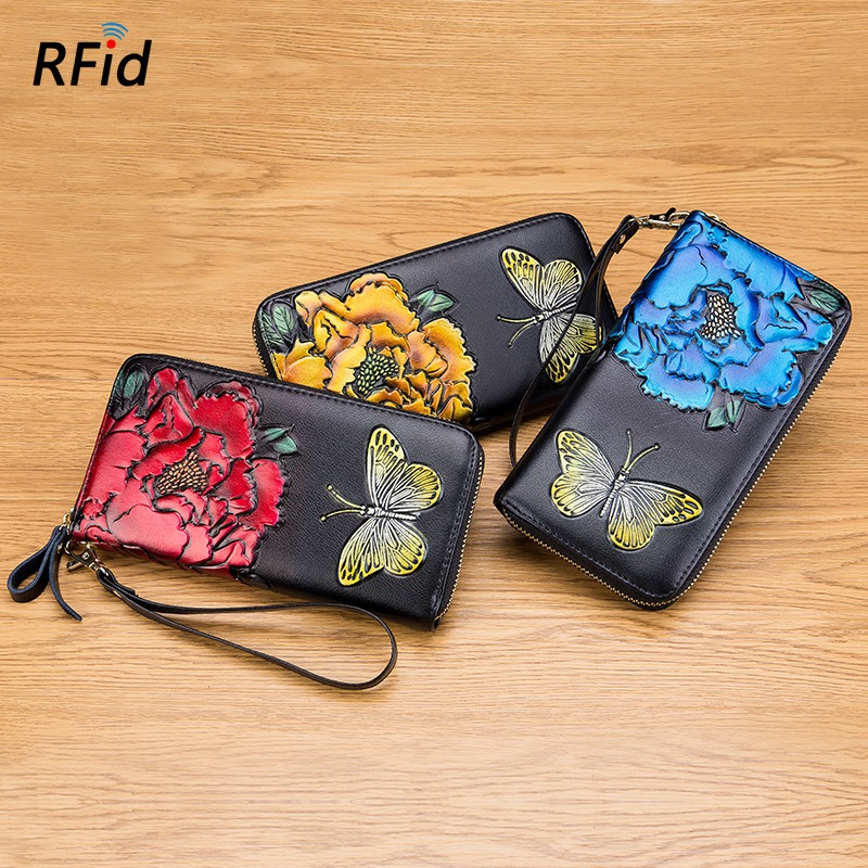 rose & butterfly embossing genuine leather clutch wallet, rfid blocking, lady, women, wholesale