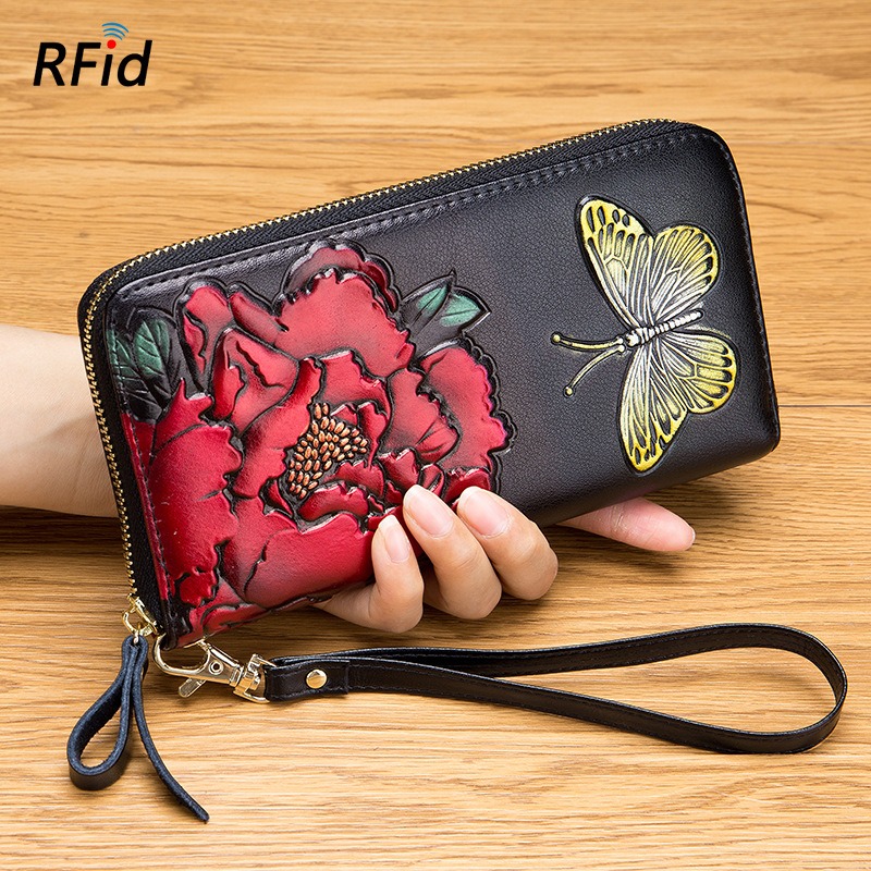 rose & butterfly embossing genuine leather clutch wallet, rfid blocking, lady, women, wholesale