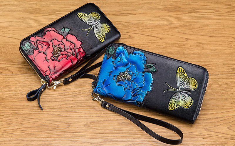 rose & butterfly embossing genuine leather clutch wallet, rfid blocking, lady, women, wholesale