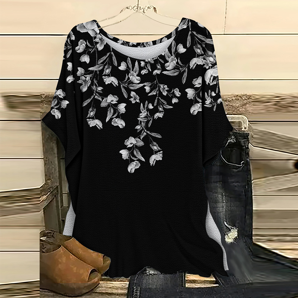 batwing short sleeve top, summer spring women's floral casual shirt loose crew neck