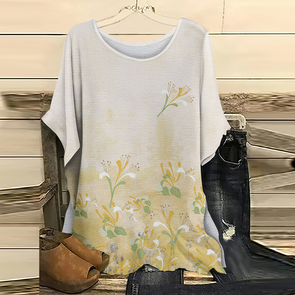 batwing short sleeve top, summer spring women's floral casual shirt loose crew neck