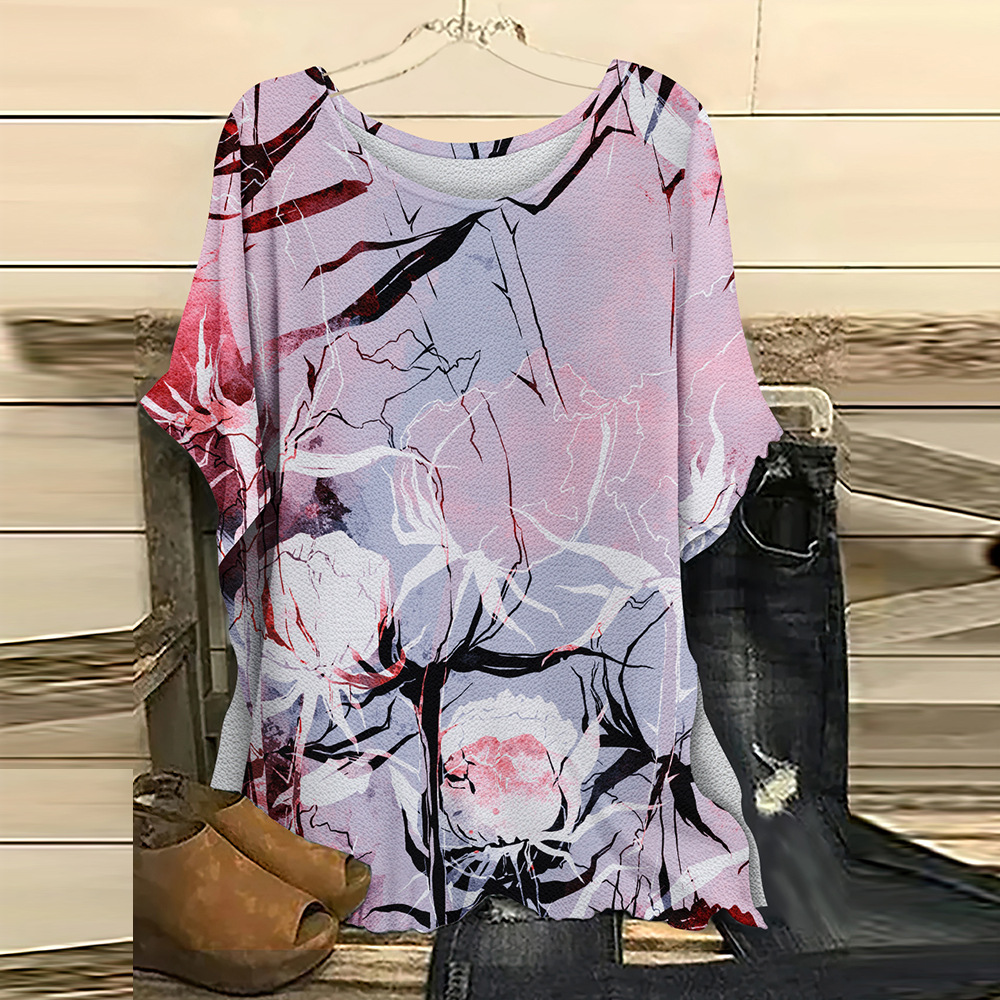 batwing short sleeve top, summer spring women's floral casual shirt loose crew neck