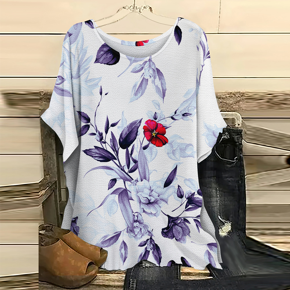 batwing short sleeve top, summer spring women's floral casual shirt loose crew neck