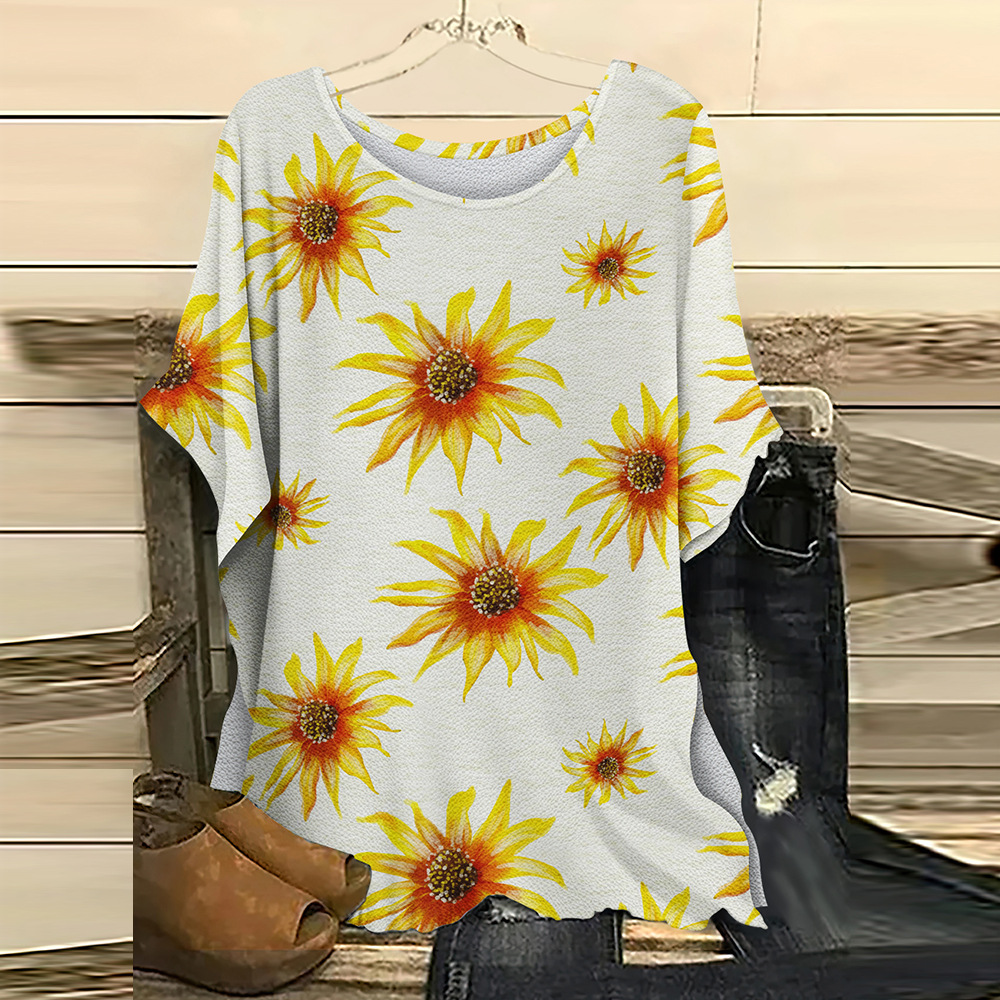 batwing short sleeve top, summer spring women's floral casual shirt loose crew neck