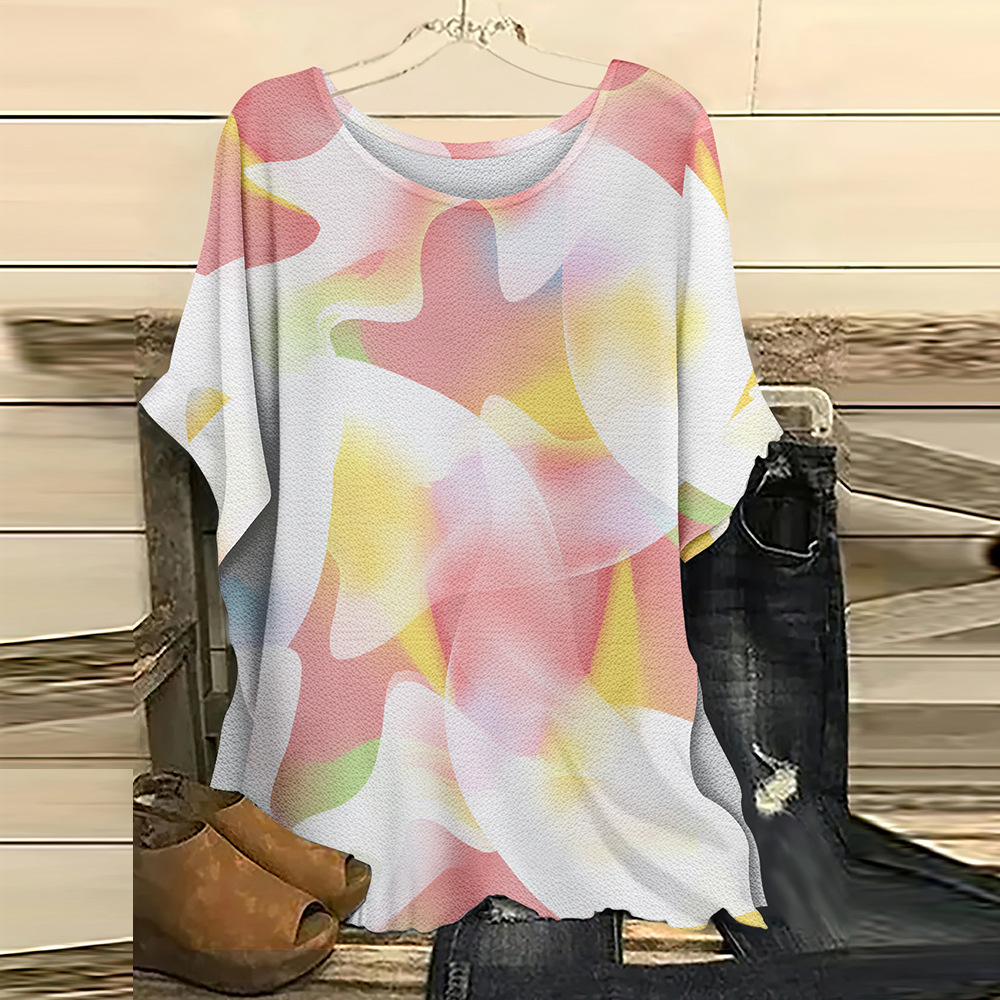 batwing short sleeve top, summer spring women's floral casual shirt loose crew neck